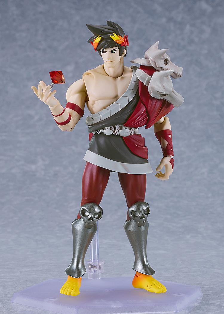Full body shot of the Zagreus figma figure holding the small, red translucent Bloodstone accessory in his right hand.
