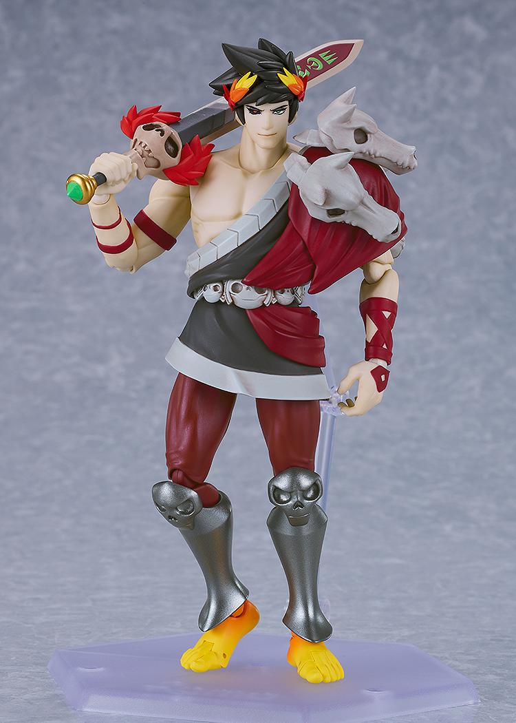 Full body shot of the Zagreus figma figure, featuring his standard defiant face, full armor, and holding the Stygian Blade.
