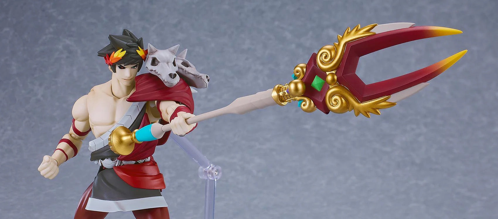 Mid-range shot of the Zagreus figma figure wielding the highly detailed Eternal Spear (Gigaros) accessory.
