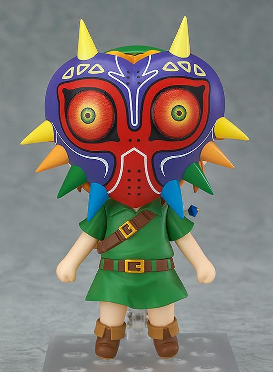 The Nendoroid Link figure wearing the massive, colorful Majora's Mask accessory over his head.