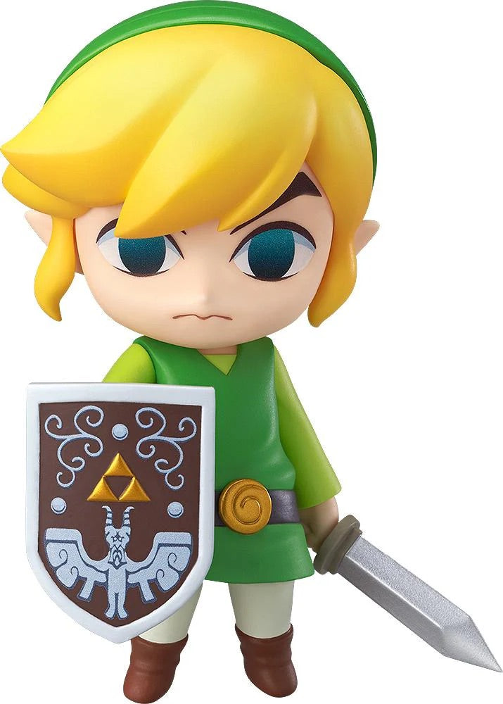 Full frontal view of the Good Smile Nendoroid Link: The Wind Waker Ver. figure, holding the Hero's Sword and Hero's Shield with a determined expression.