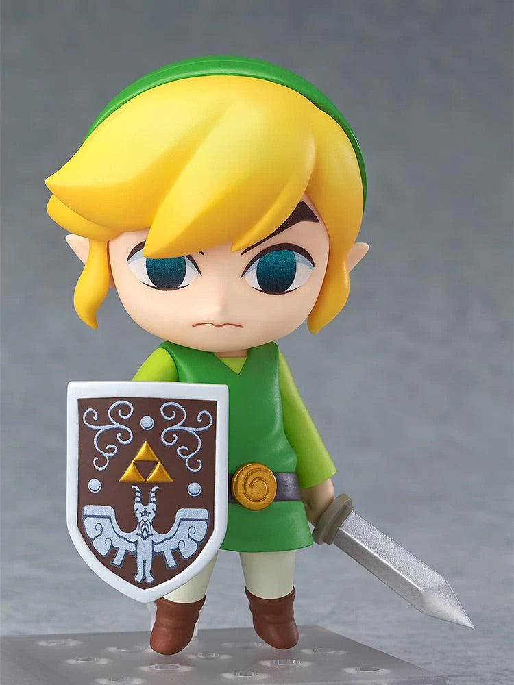 The Nendoroid Link figure in a neutral standing pose, holding his sword and shield, showcasing his cel-shaded, stylized design.