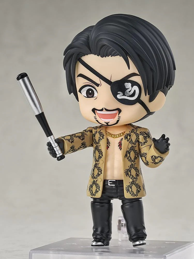 Majima Nendoroid figure with the smiling face, posed aggressively holding the included metal bat accessory.