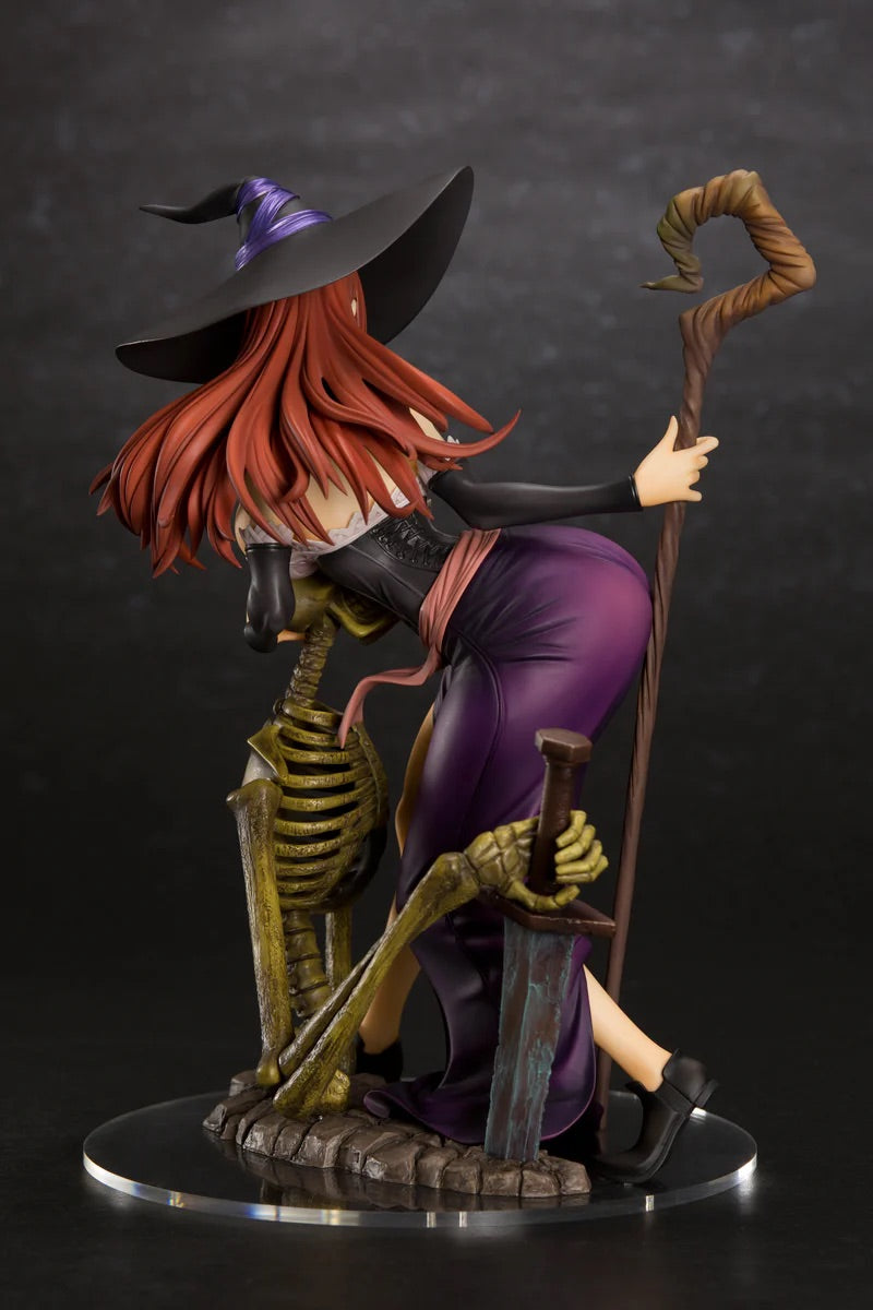 Side-back view of the Sorceress figure with her hat, posed leaning over the skeleton, highlighting the texture of her hair and outfit.