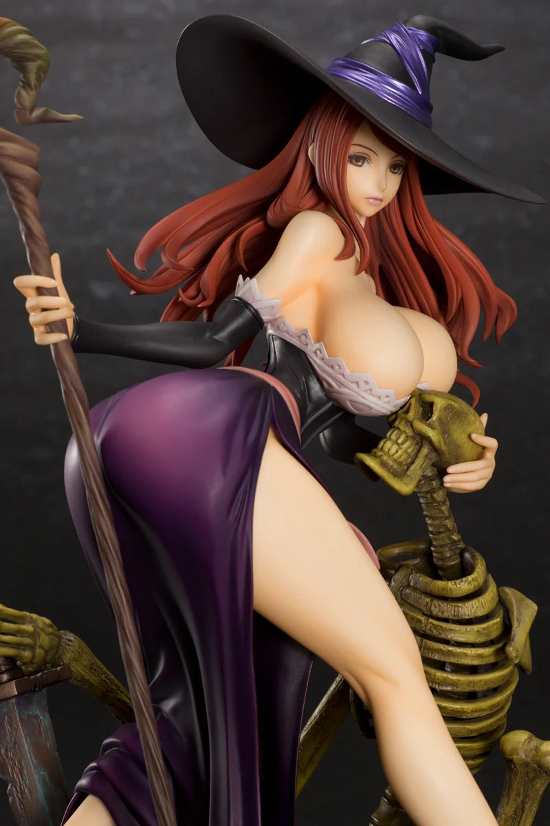 A close-up of the Sorceress figure with her hat on, highlighting the detailed face, long red hair, and the reanimated skeleton base.
