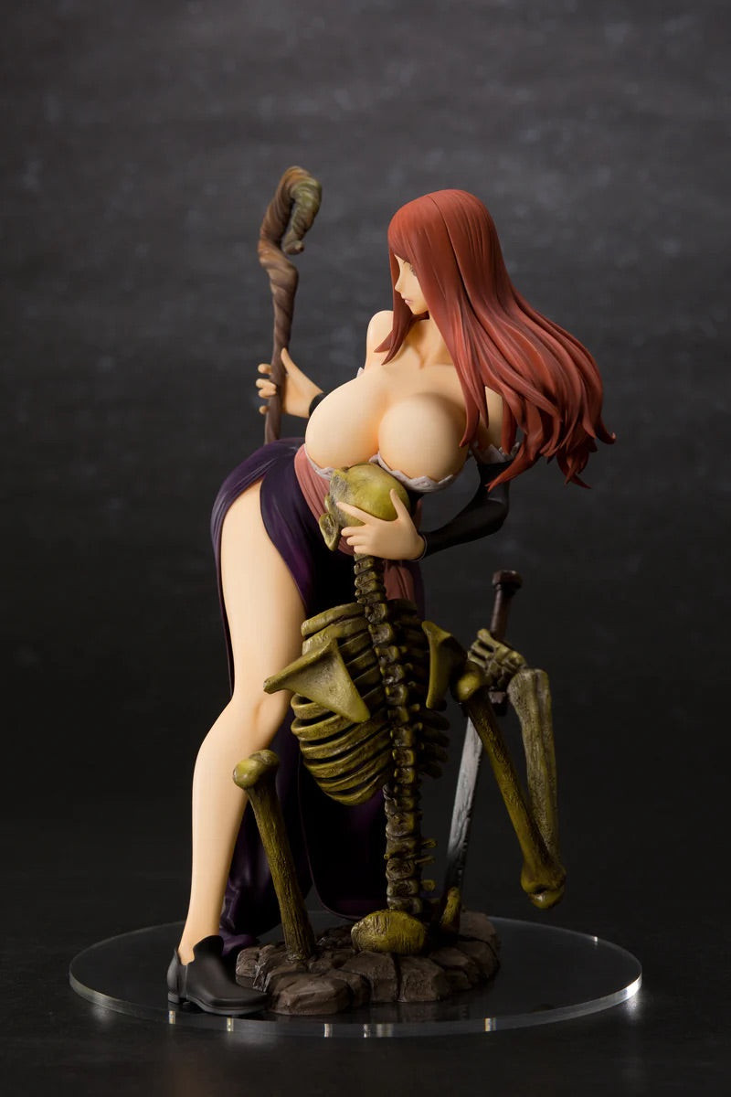 Rear view of the Sorceress figure without her hat, focusing on the sculpt of her hair and the details of the skeleton base.
