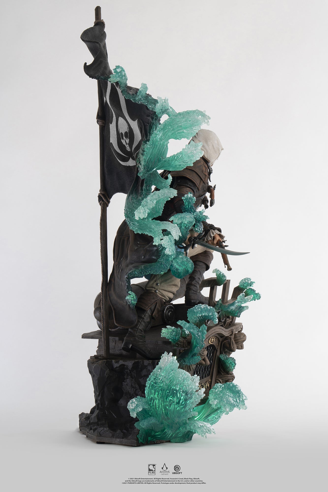 A back right-angle profile view of the Animus Edward Kenway statue, emphasizing the swirling, translucent Animus effect.