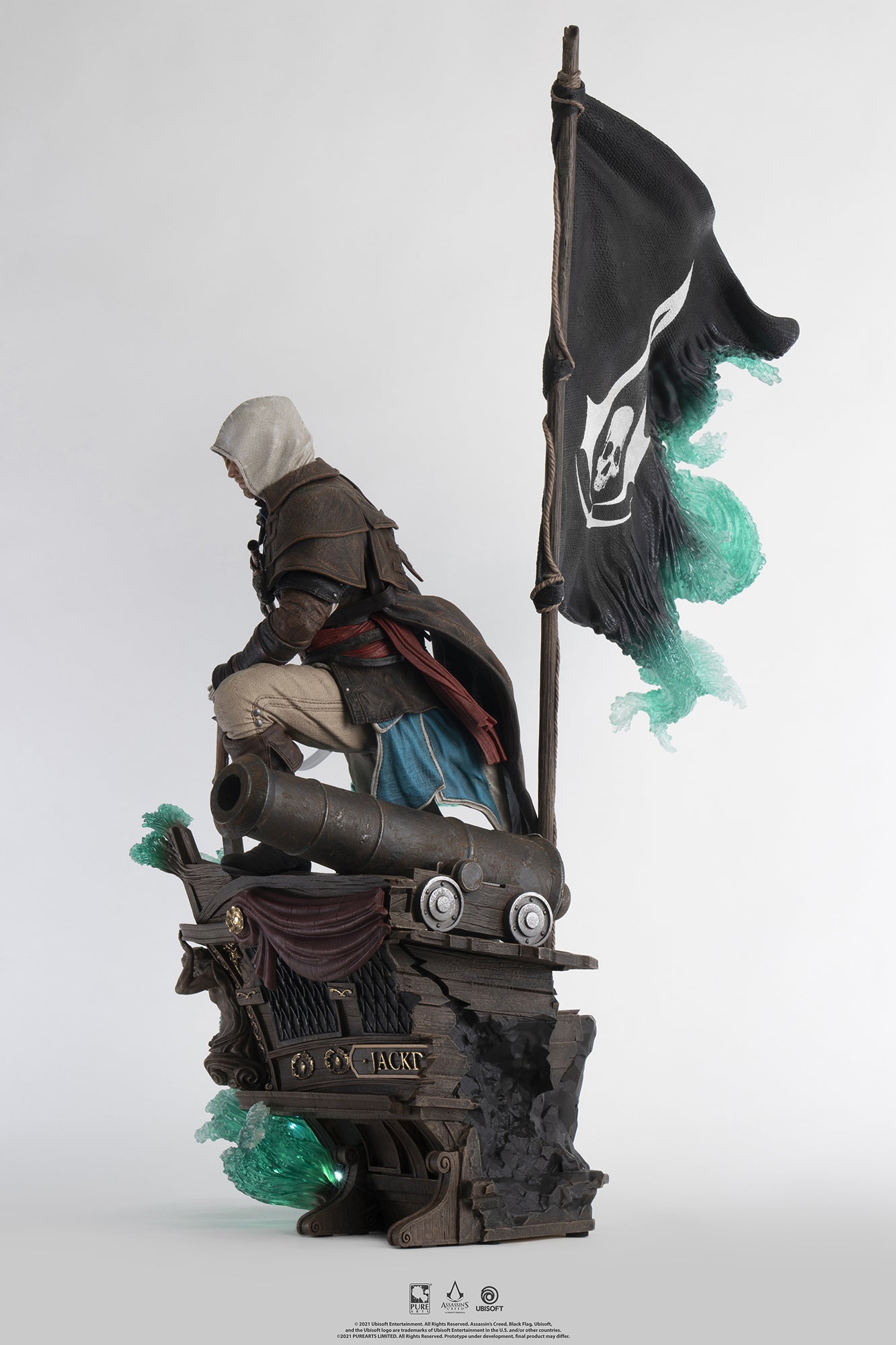 A clean side view of the Animus Edward Kenway statue, highlighting the silhouette of the character, the cannon, and the pirate flag.
