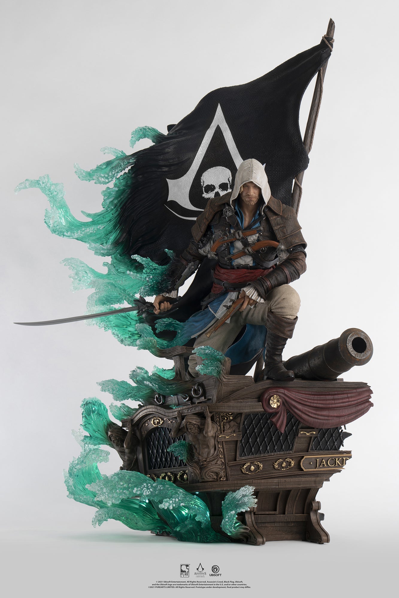 Front view of the 1/4 scale PureArts statue, featuring Edward Kenway on the Jackdaw's stern with his saber drawn, showcasing the full figure and the Animus effect.