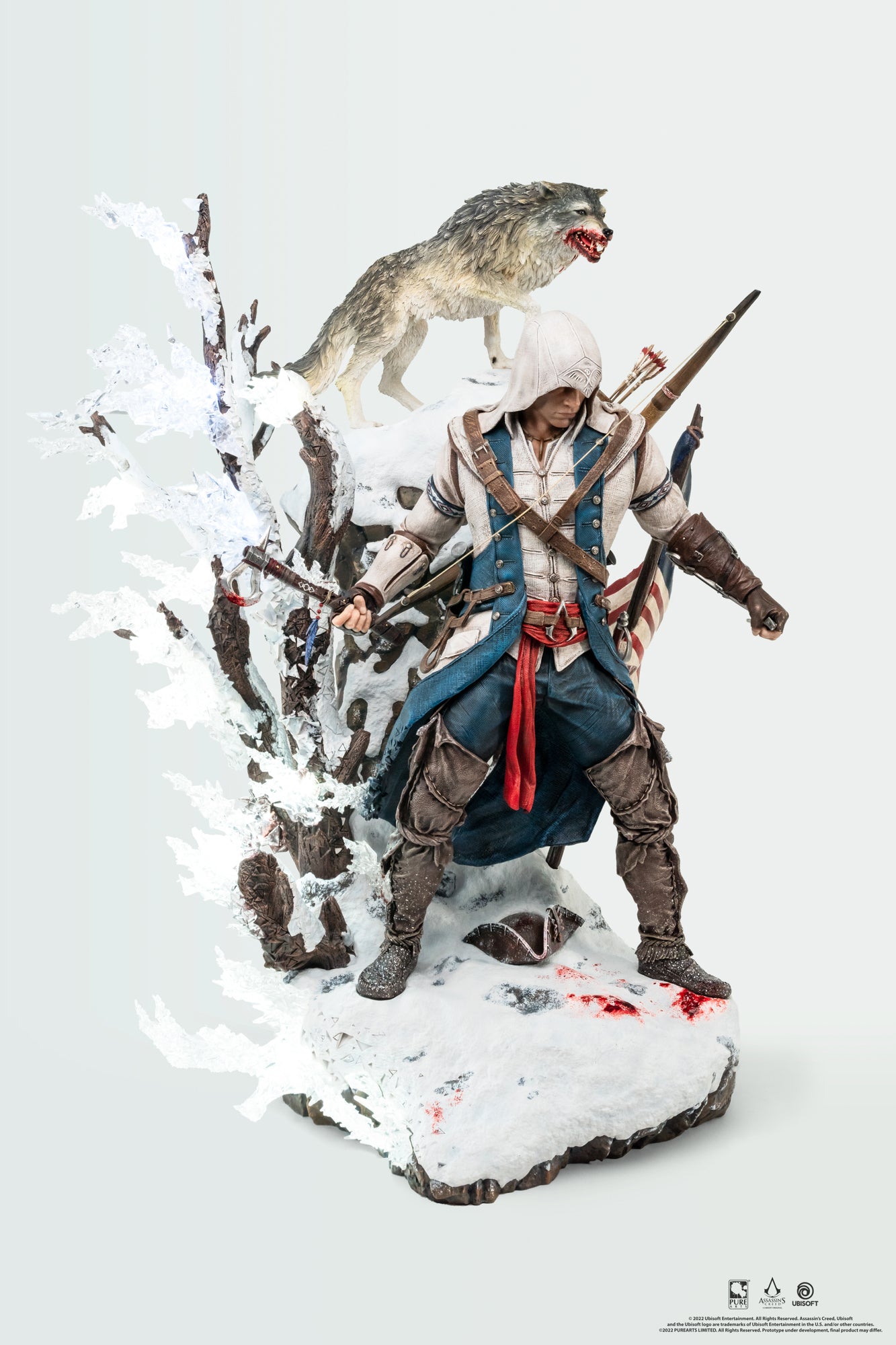 A full-body frontal shot of the Animus Connor statue, highlighting the LED-lit Animus effect and the detailed sculpt of Connor, the wolf, and the snowy terrain.