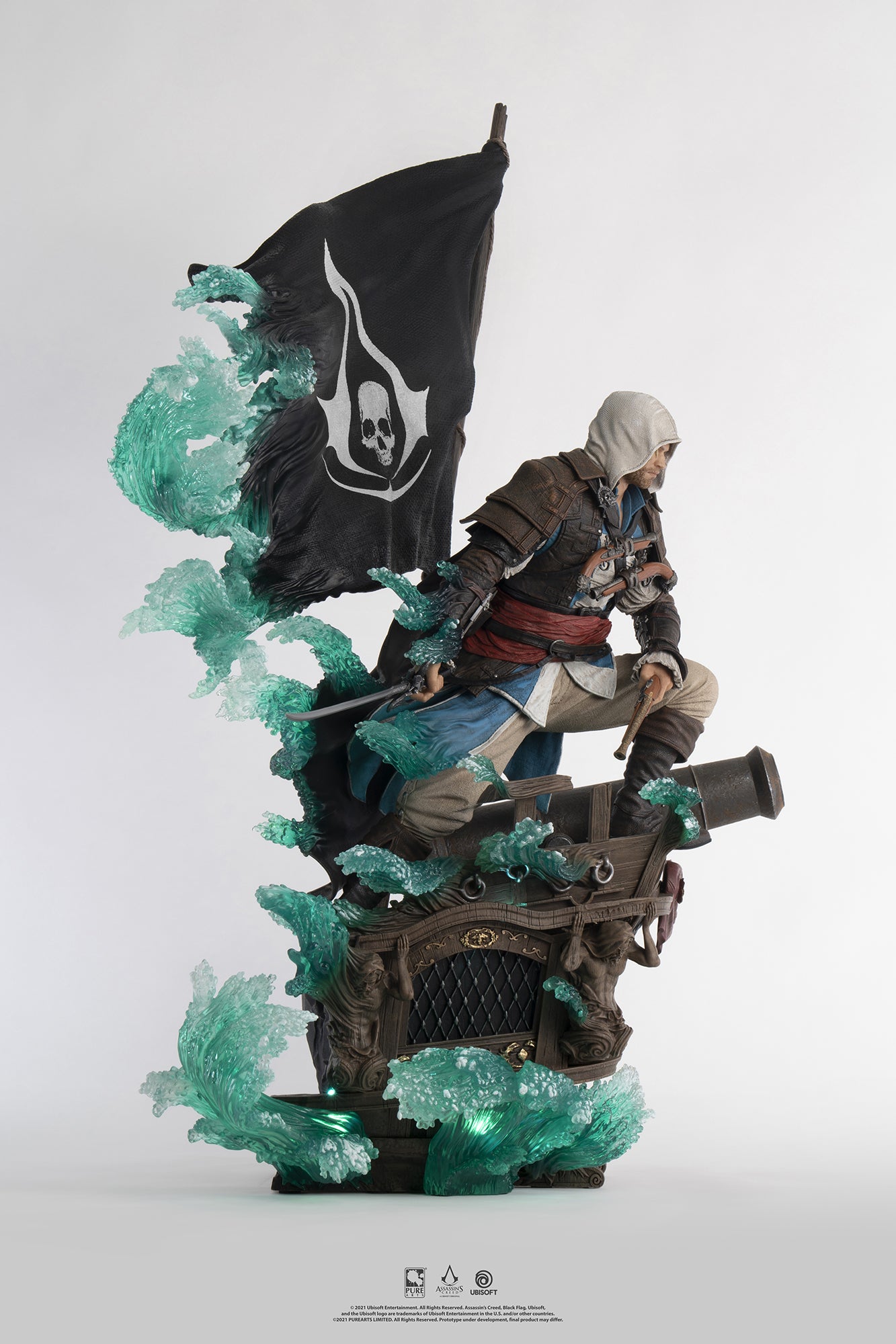 A side-profile view of the Animus Edward Kenway statue, emphasizing the swirling, translucent Animus effect and the overall composition from the side.
