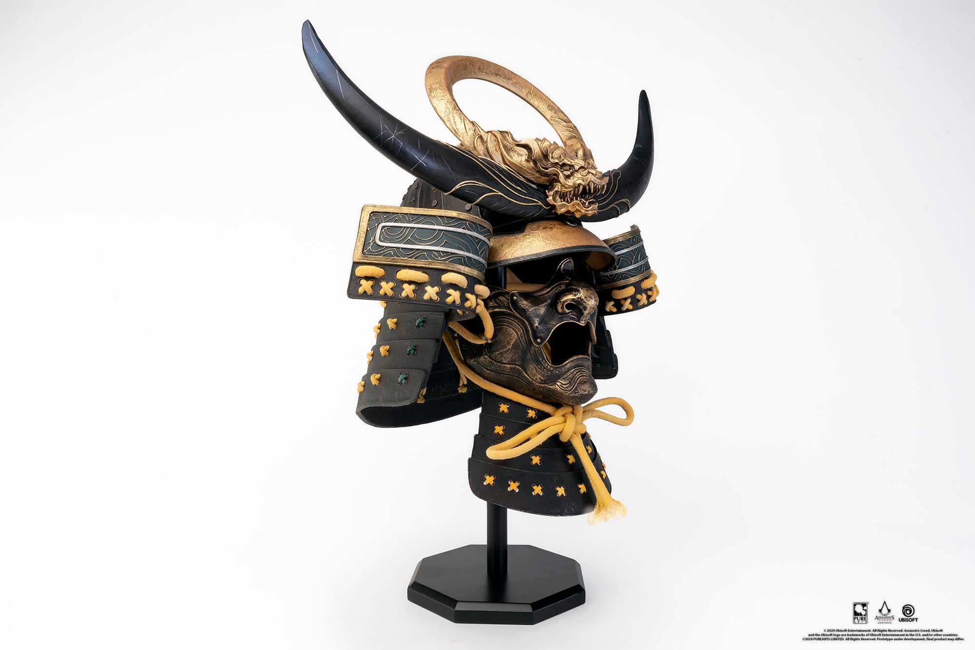 Right side angle of PureArts Assassin’s Creed Yasuke Samurai Helmet life-size replica showcasing detailed mask, horns, and golden accents.