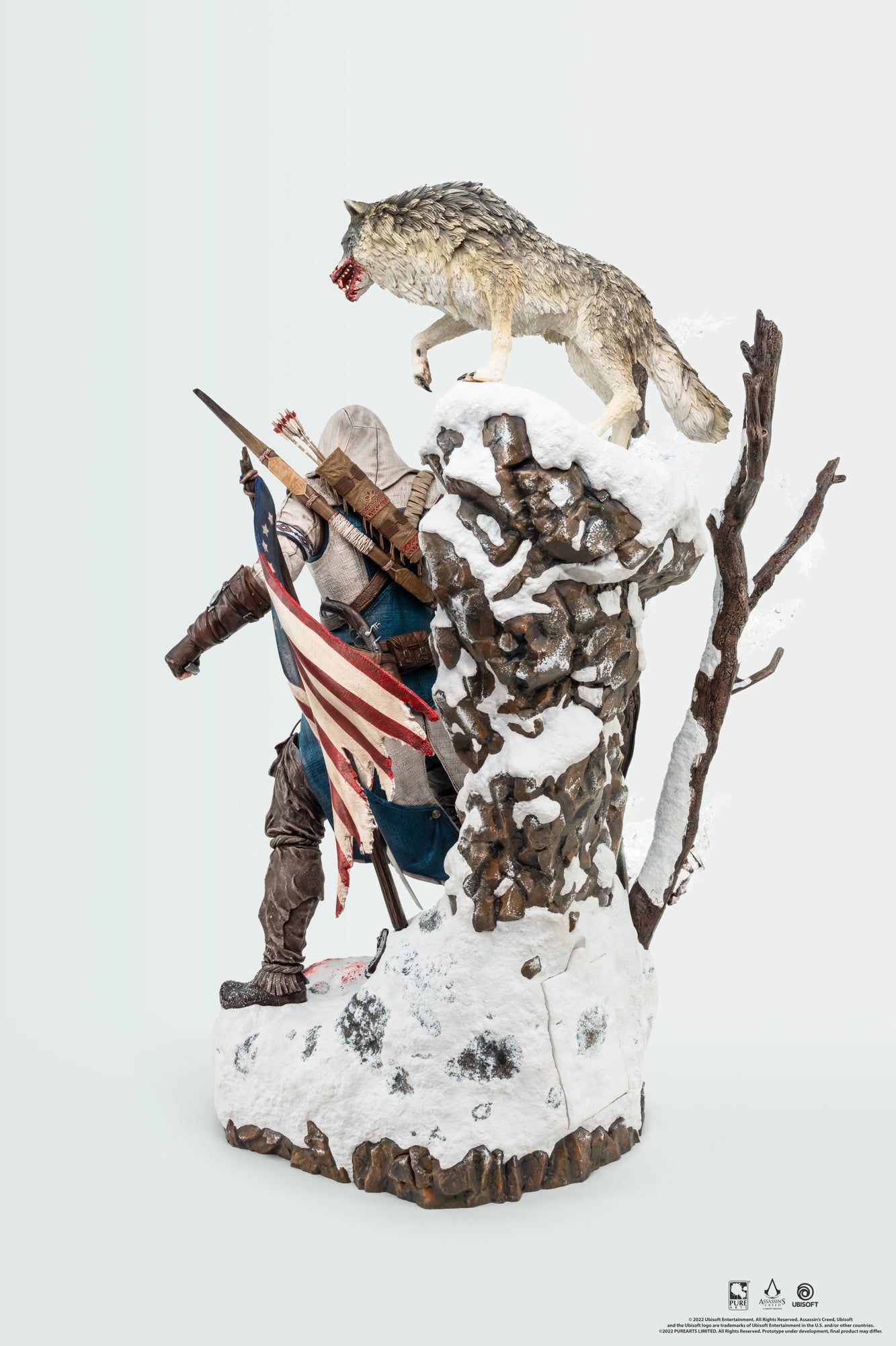 A back right side shot of the Animus Connor statue, highlighting the wolf and Connor's posture on the snowy terrain.
