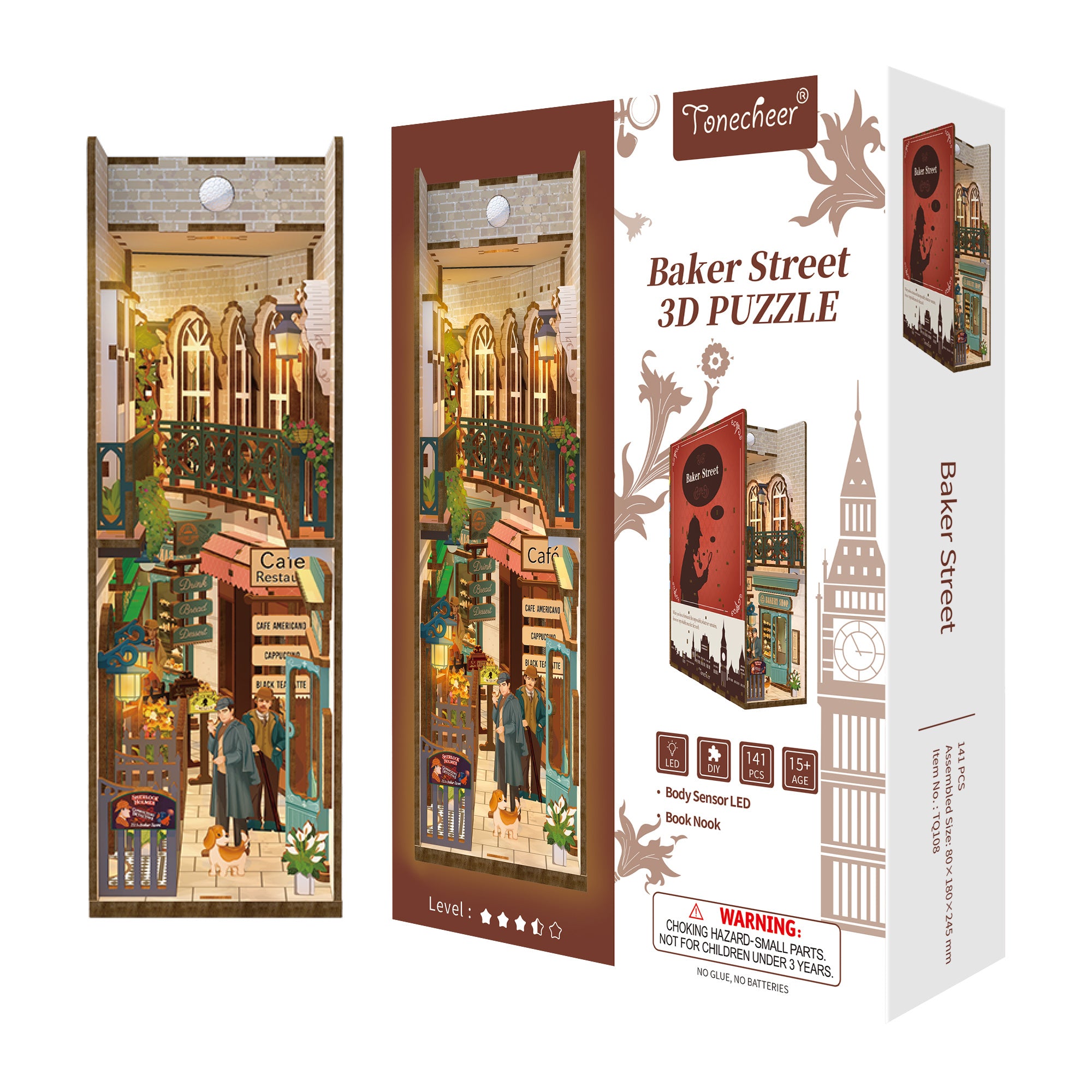 Packaging box for the Tonecheer Baker Street 3D Puzzle, showing a final display image and key features like the 141 pieces and Body Sensor LED.