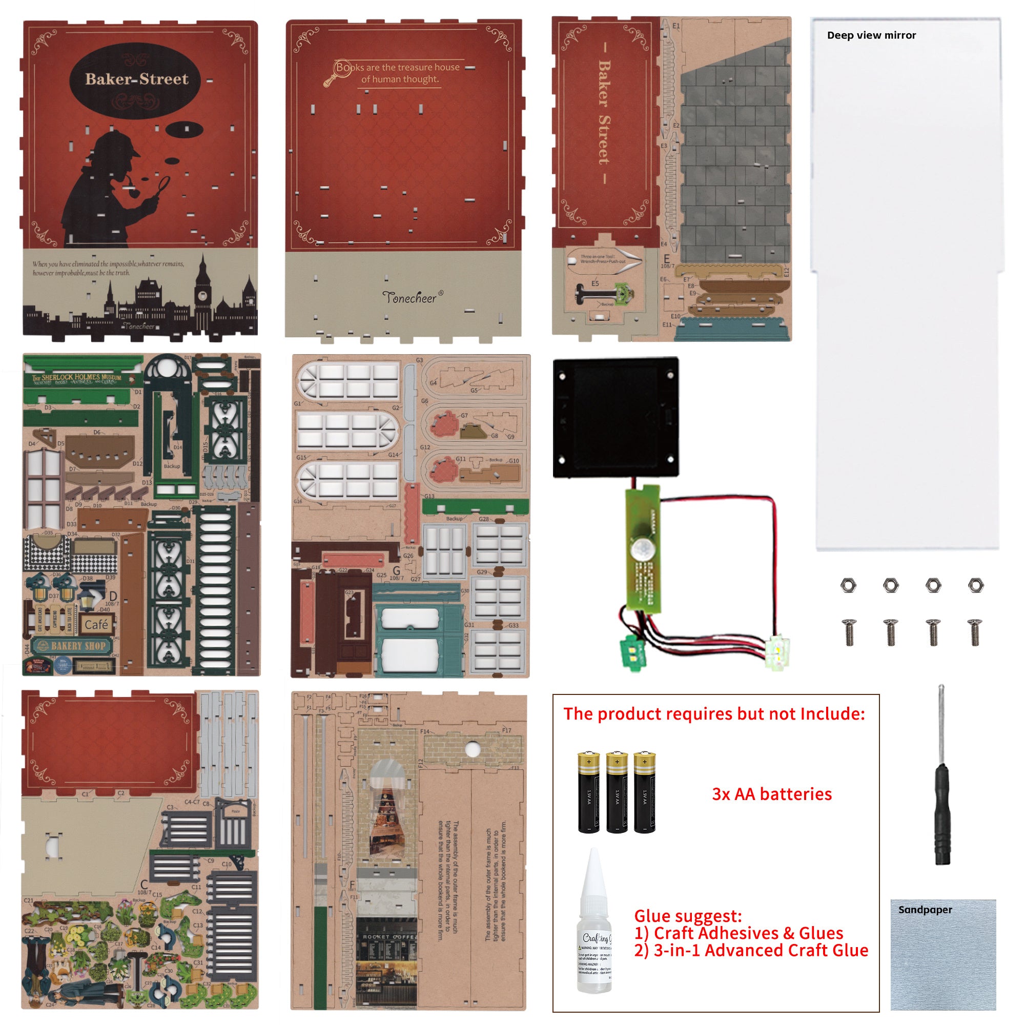 A layout of all the materials included in the Tonecheer book nook kit, showing the wooden punch-out sheets, mirror, and the LED light sensor wiring.