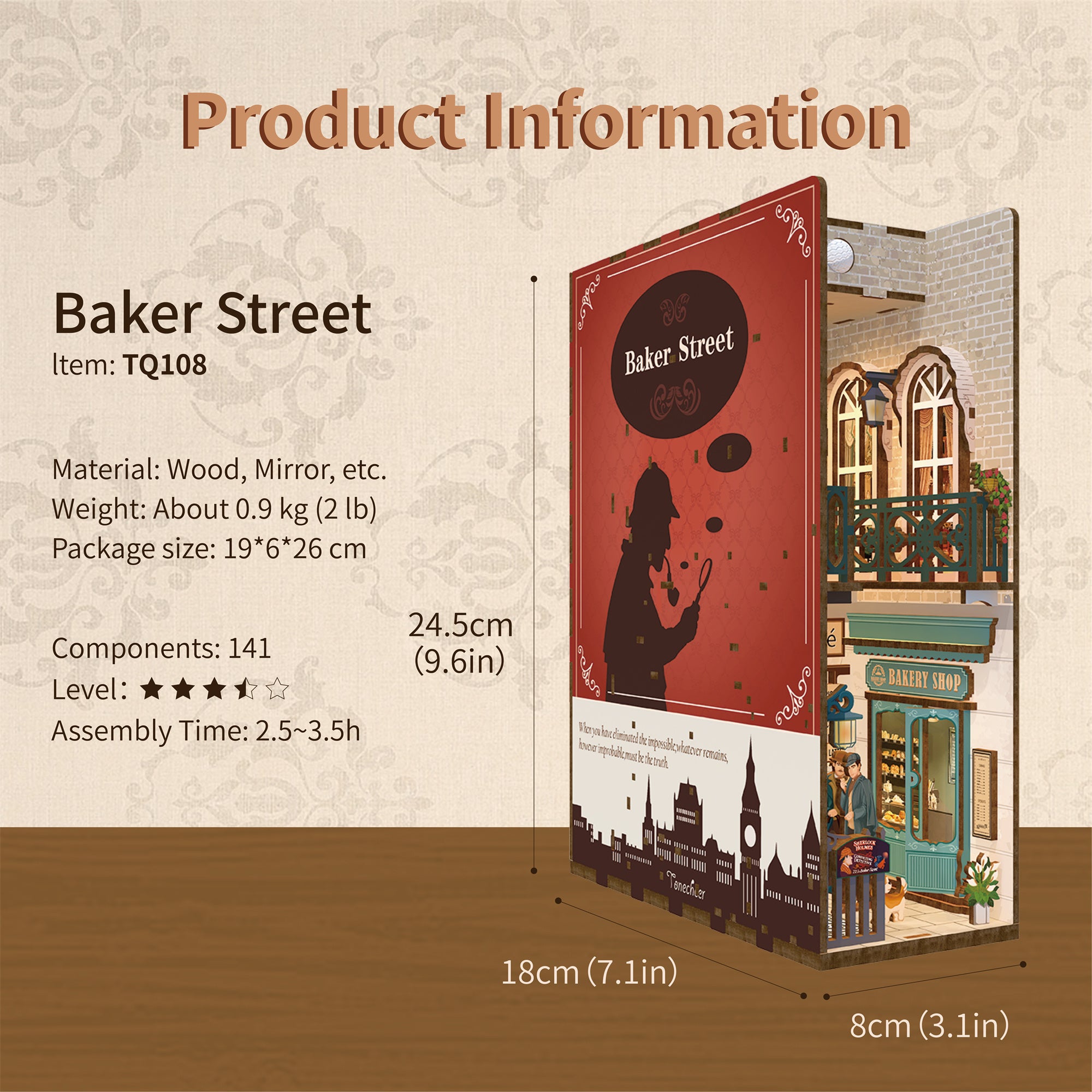 Product information graphic for the Tonecheer book nook kit, detailing the size (24.5cm H), 141 components, and Sherlock Holmes theme.