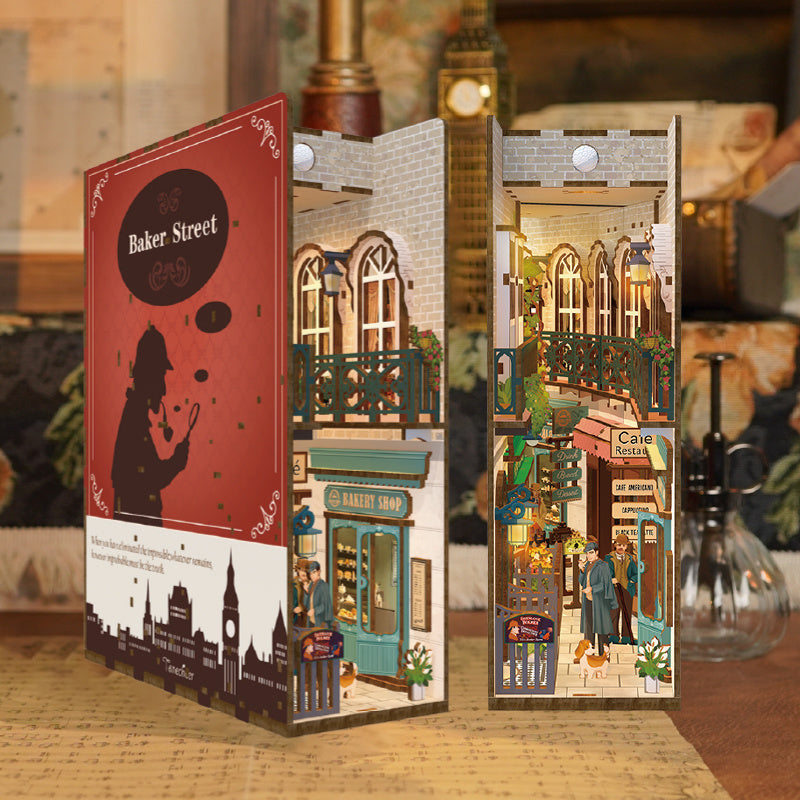 The assembled "Baker Street" book nook displayed next to the front cover, showing the deep interior scene and the iconic London skyline silhouette.