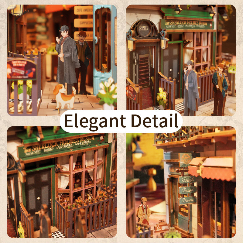 A four-panel collage of close-up miniature details: figures of a detective with a pipe and his dog, the 221B address plaque, and miniature storefronts.