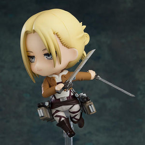 Annie Leonhart Nendoroid figure equipped with Vertical Maneuvering Equipment on clear display stand.