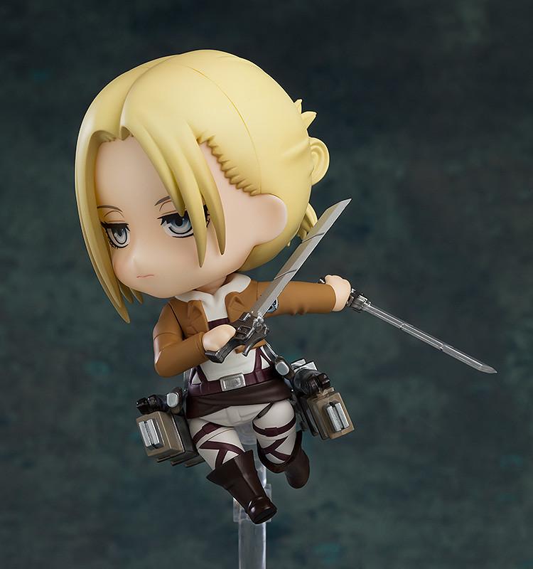 Annie Leonhart Nendoroid figure equipped with Vertical Maneuvering Equipment on clear display stand.