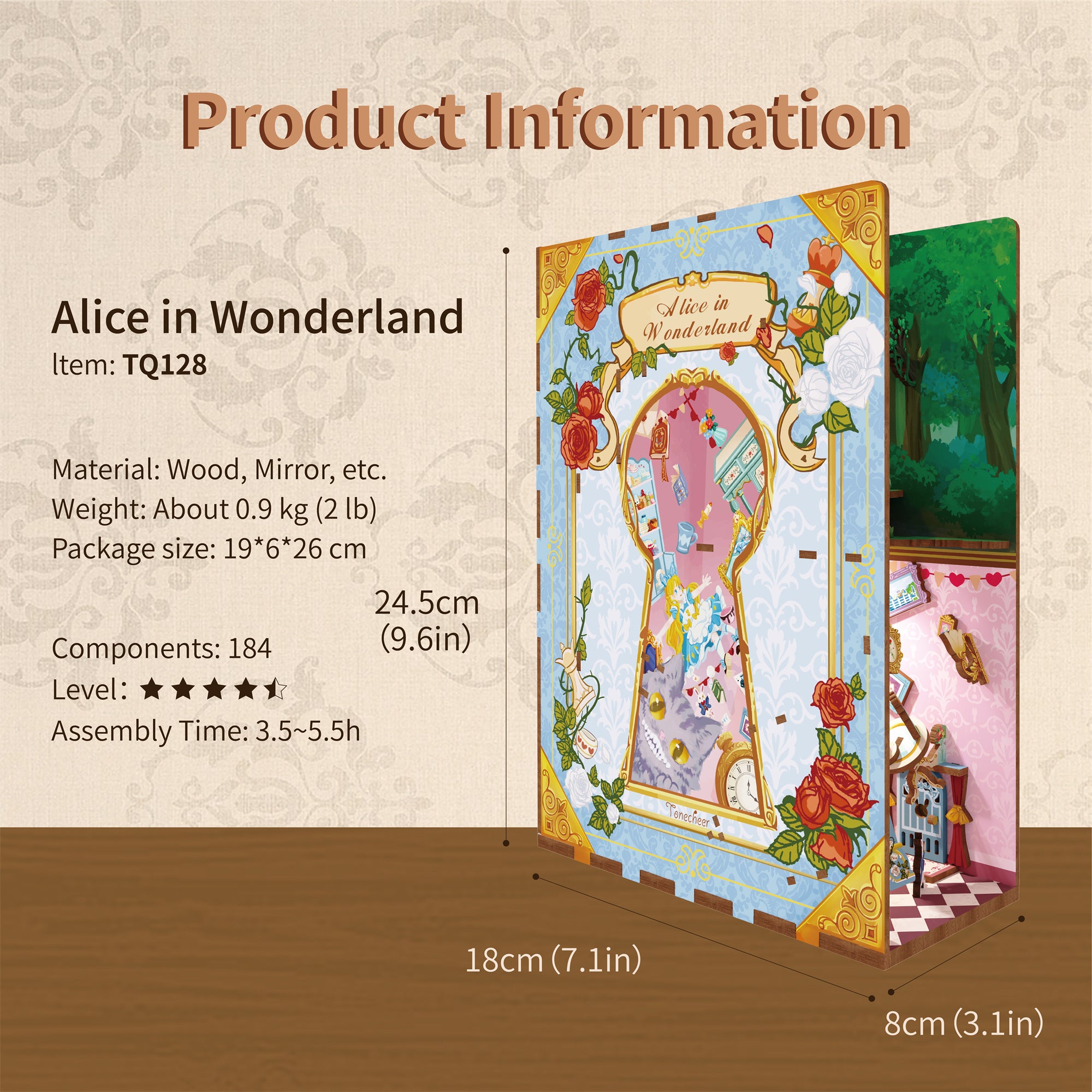 Product information graphic for the Tonecheer book nook kit, detailing the size (24.5cm H), 184 components, and the Alice in Wonderland theme.
