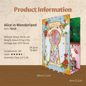 Product information graphic for the Tonecheer book nook kit, detailing the size (24.5cm H), 184 components, and the Alice in Wonderland theme.