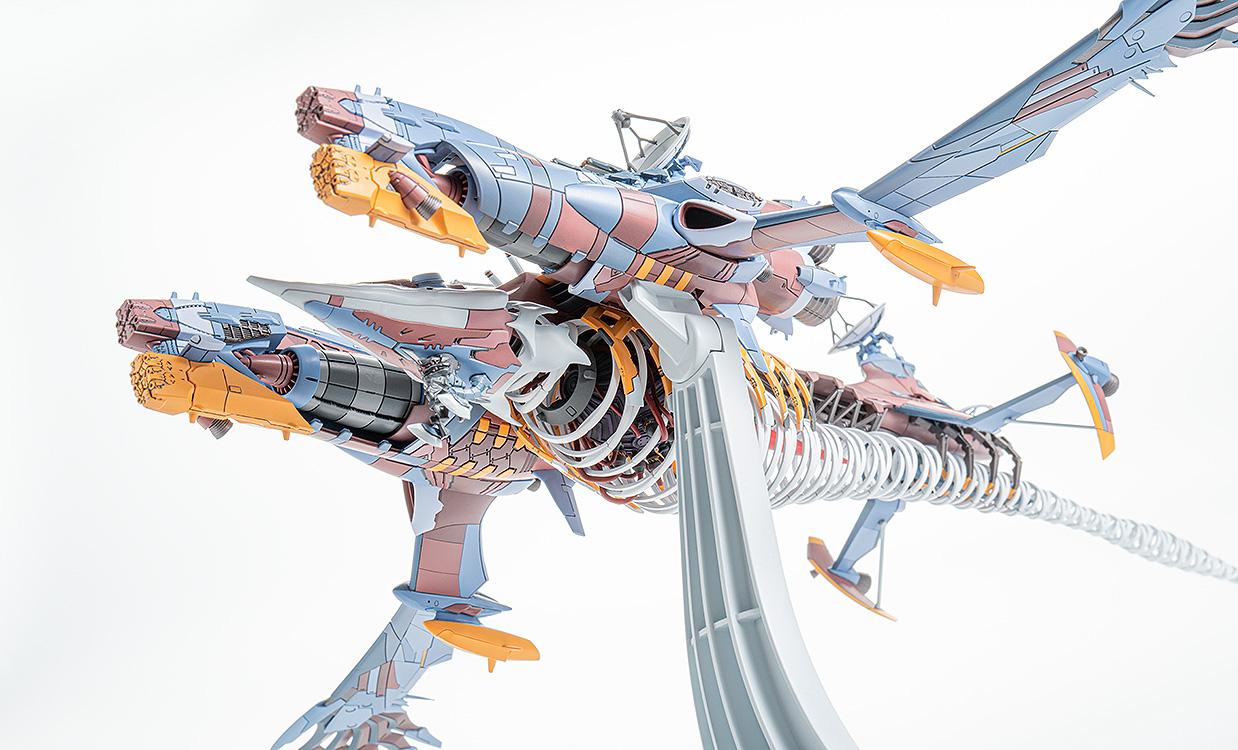 Underside view of the PLAMAX AAA Wunder model kit showing the main engine and skeletal hull architecture.