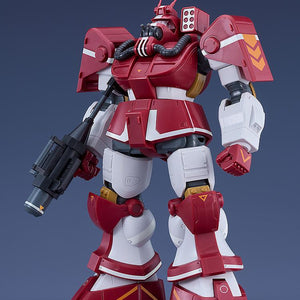 Front standing view of the assembled 1/72 scale Blockhead Combat Armor GT version plastic model kit showcase on a solid blue-grey studio background.