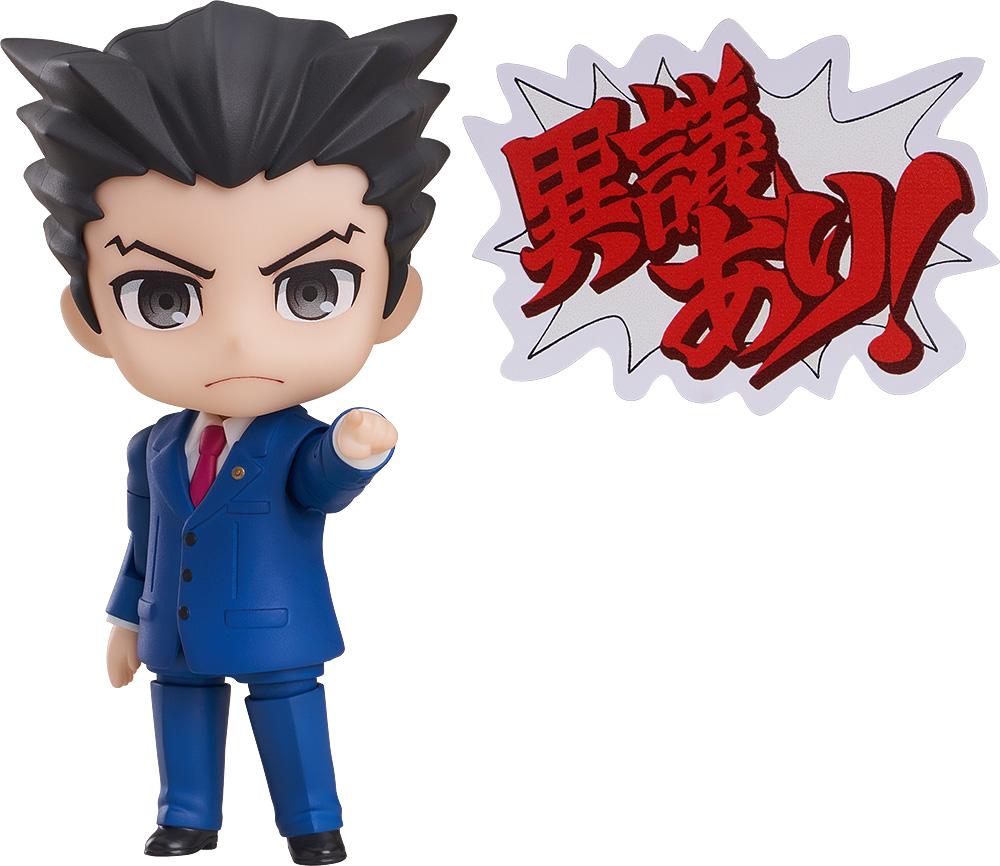 Phoenix Wright Nendoroid figure pointing forward with confident expression on white background.
