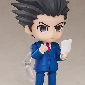 Phoenix Wright Nendoroid figure displaying sweating nervous faceplate expression.