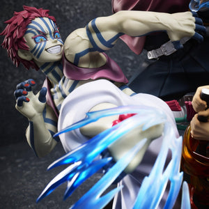 High-angle detail shot of Akaza smiling with martial arts leg effect next to Giyu Tomioka