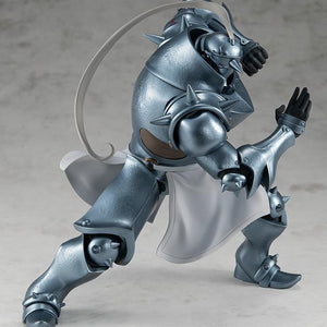 Studio back view of the Alphonse Elric figure, demonstrating the heavy proportions and metallic paint finish of the soul-bound armor.