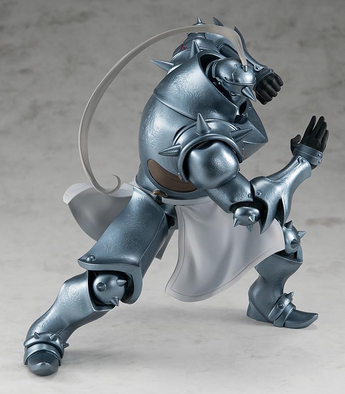 Studio back view of the Alphonse Elric figure, demonstrating the heavy proportions and metallic paint finish of the soul-bound armor.