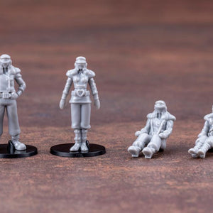 Group shot of the four newly sculpted Ala Barone Red and Purple Mask pilot figures, standing and seated.