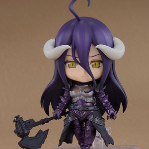 Full-body view of the Albedo full armor Nendoroid Basic figure standing on a square clear plastic base against a solid light brown background.