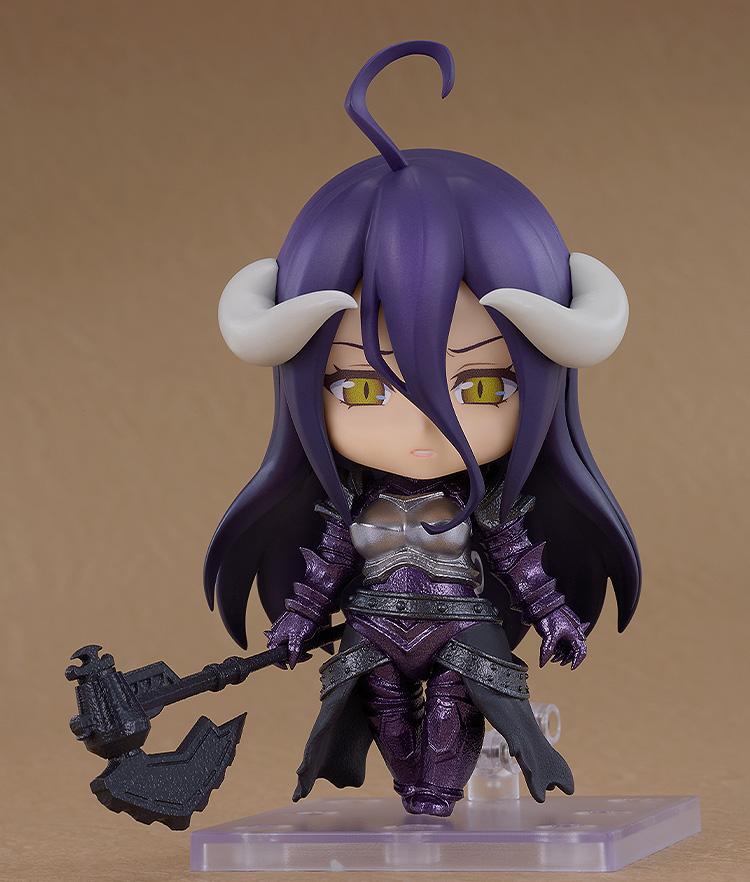 Full-body view of the Albedo full armor Nendoroid Basic figure standing on a square clear plastic base against a solid light brown background.