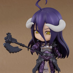 Three-quarter angle of the Albedo armor version Nendoroid Basic figure dynamically posing with her large black battle axe halberd extended forward.