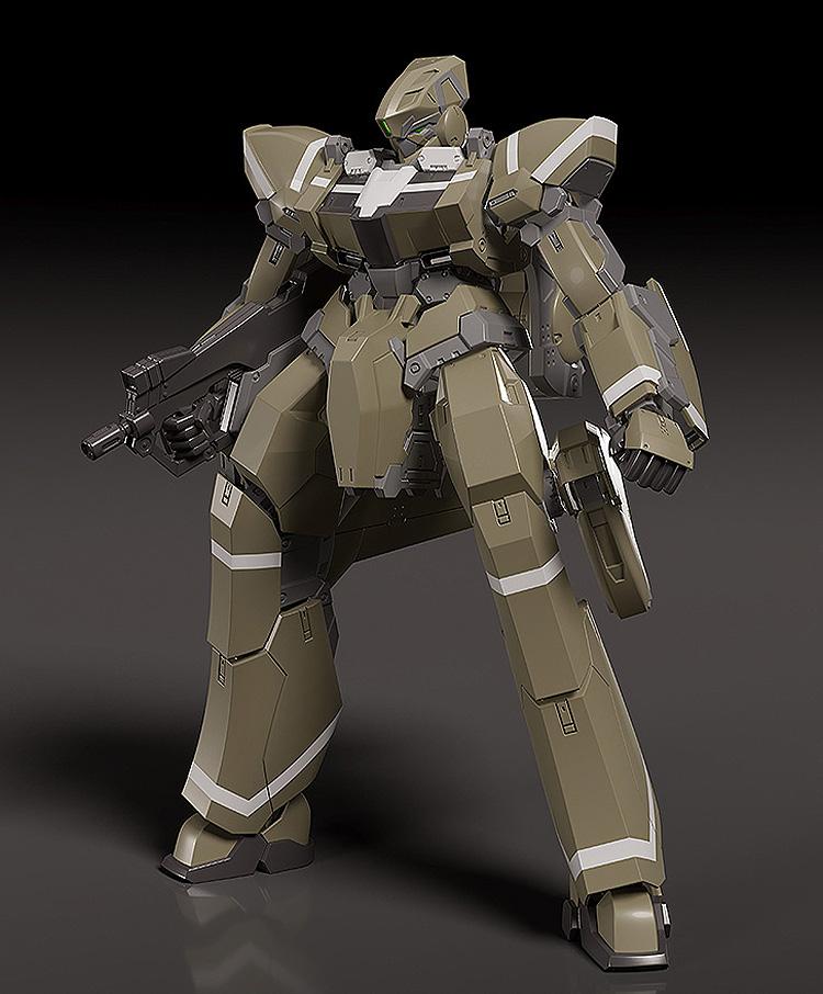 Studio shot of the assembled KG-7 Areion Kataphrakt model kit against a dark gradient background.