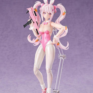 Full body shot of the Alice: Wonderland Bunny figure standing with her pink submachine gun and determined expression.