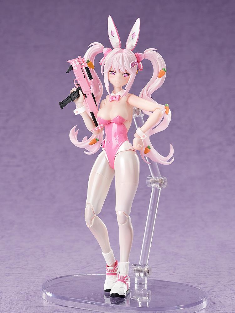 Full body shot of the Alice: Wonderland Bunny figure standing with her pink submachine gun and determined expression.