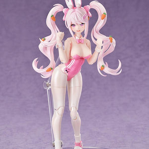 Studio shot of the fully articulated Alice bunny figure on a clear display stand against a purple background.