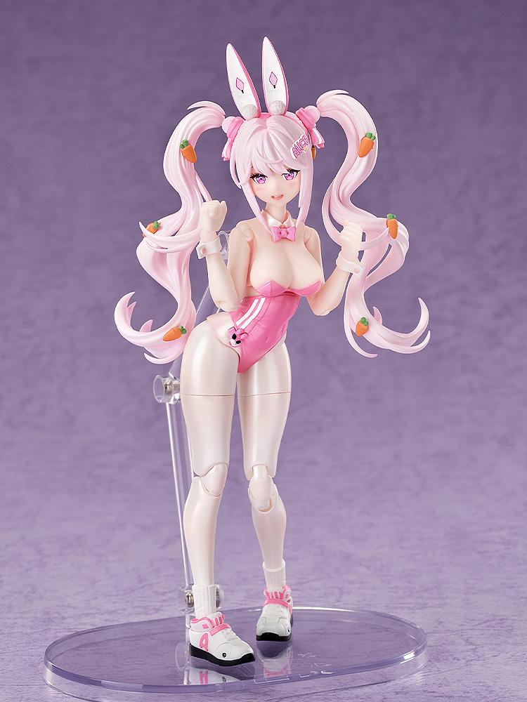 Studio shot of the fully articulated Alice bunny figure on a clear display stand against a purple background.