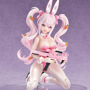 Alice: Wonderland Bunny figure in a kneeling pose holding her pink weapon against a purple studio backdrop.