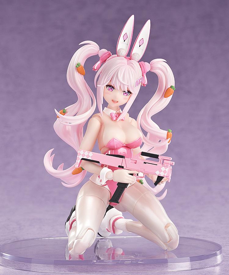 Alice: Wonderland Bunny figure in a kneeling pose holding her pink weapon against a purple studio backdrop.
