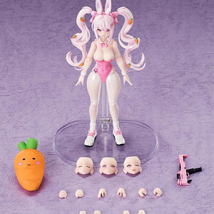 Flat lay of the Alice: Wonderland Bunny figure set including alternate face plates, hands, weapon, and carrot pillow.