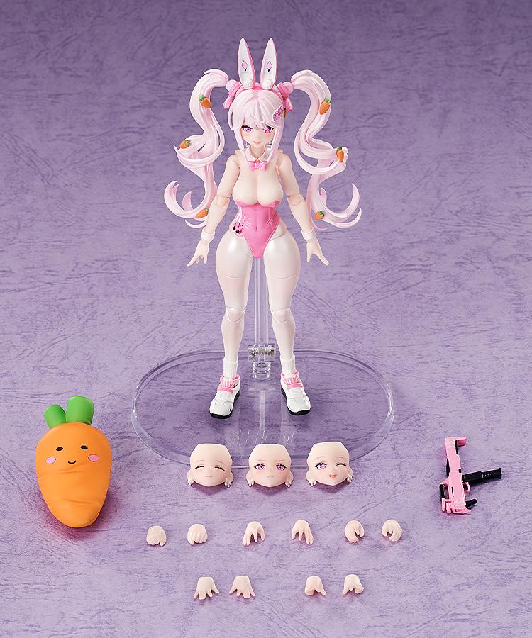 Flat lay of the Alice: Wonderland Bunny figure set including alternate face plates, hands, weapon, and carrot pillow.