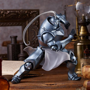 Alphonse Elric armor figure displayed on a wooden desk with alchemy props, capturing the Fullmetal Alchemist: Brotherhood aesthetic.
