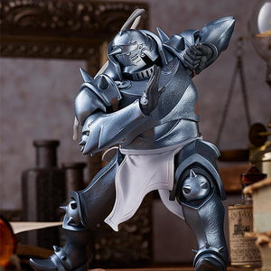 A heroic low-angle view of the Alphonse Elric POP UP PARADE reissue, emphasizing the heavy and grounded presence of the armor.