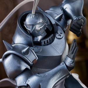 Detailed close-up of Alphonse Elric's helmet and glowing eye slits, showcasing the high-quality sculpt of the POP UP PARADE series.
