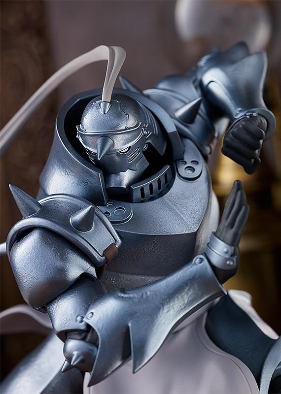 Detailed close-up of Alphonse Elric's helmet and glowing eye slits, showcasing the high-quality sculpt of the POP UP PARADE series.